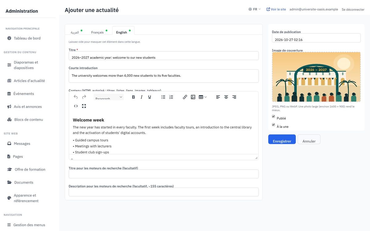 Actualités, événements et avis — Un seul formulaire, un onglet par langue.