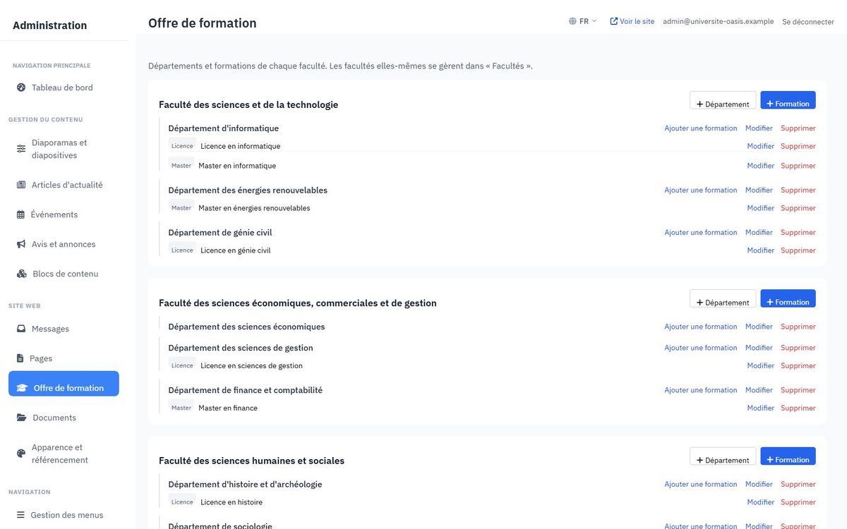 Offre de formation — Facultés, départements et formations dans une seule arborescence.